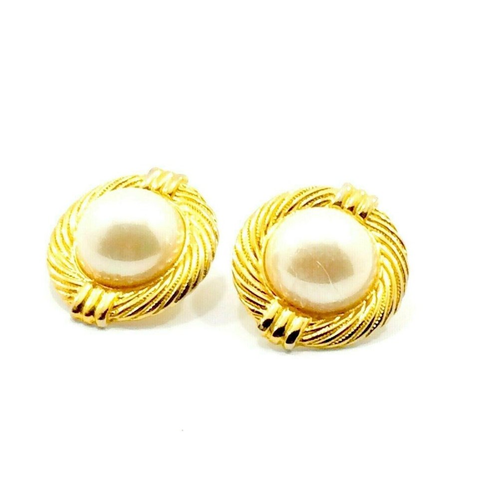 Vintage Faux Pearl Earrings Gold Tone Round 80s 90